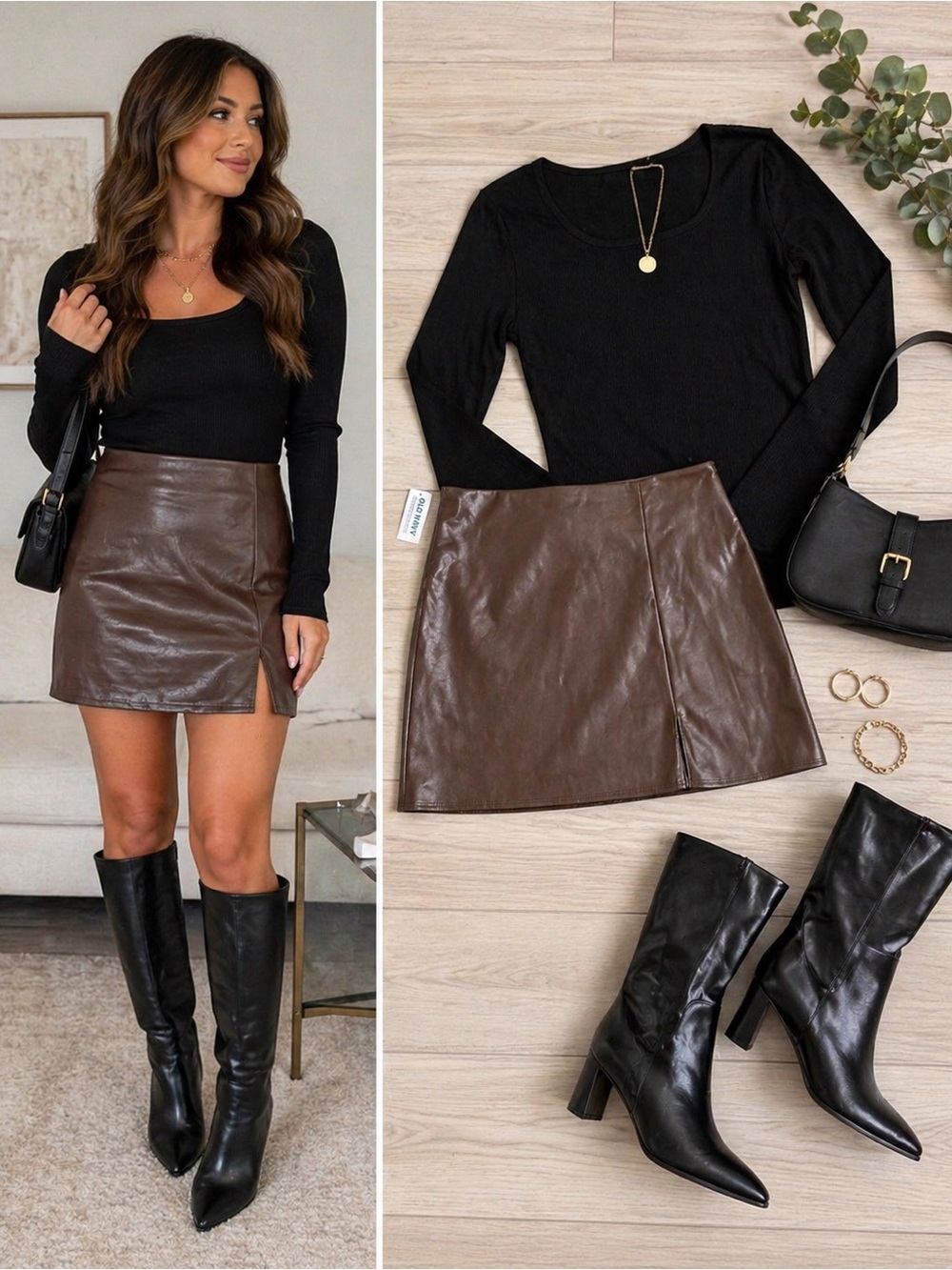 Old Navy Brown Faux Leather Mini Skirt with Front Slit